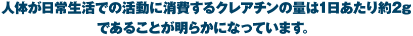 人体が日常生活での活動に消費するクレアチンの量は1日あたり約2gであることが明らかになっています。